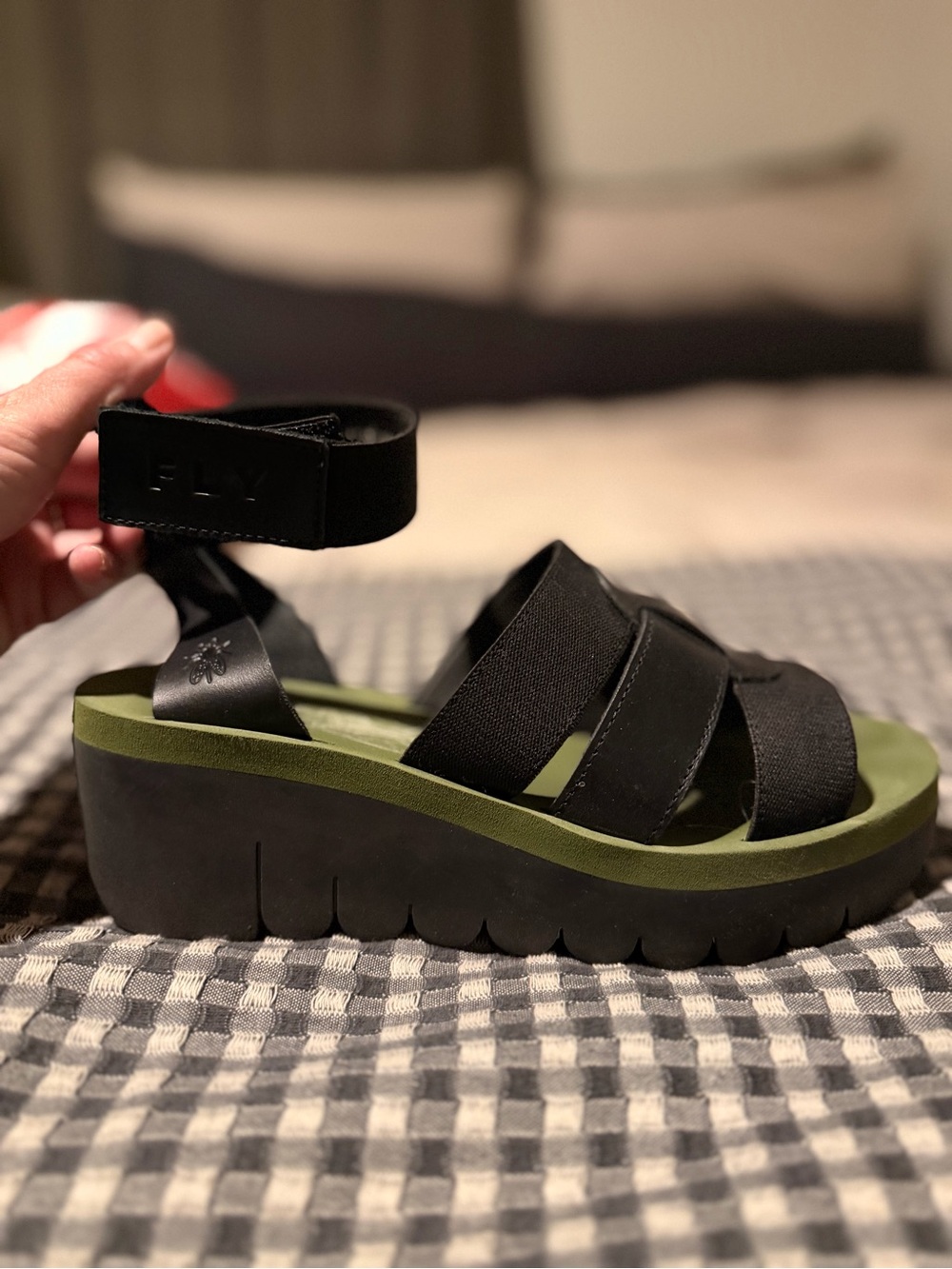 Fly London Black Strappy Platform Sandal with Olive Footbed
